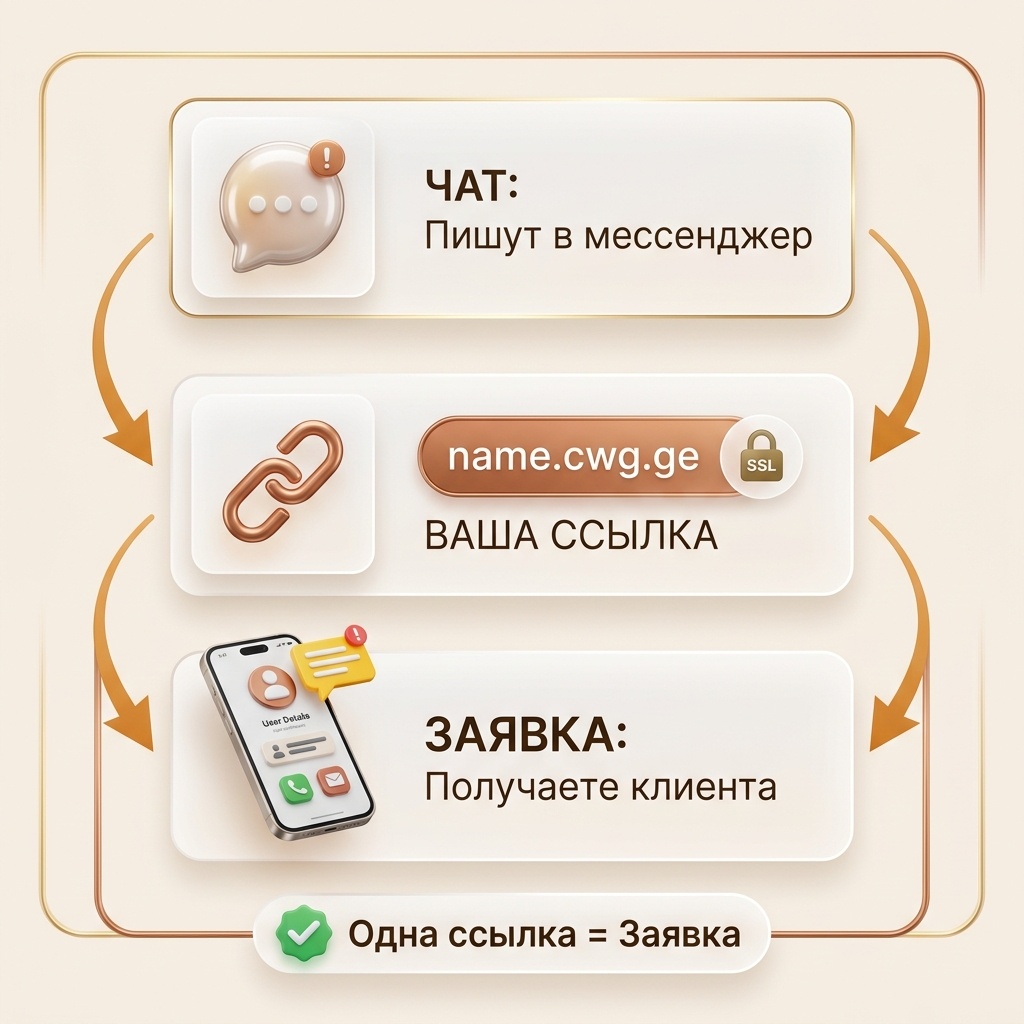 Схема: клиент → ваш сайт name.cwg.ge → заявка в WhatsApp
